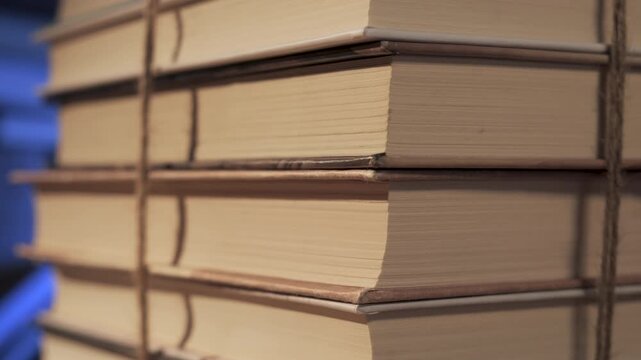 Stack of books tied with string showing pages edges in close up, Bound paper volumes arranged in vertical pile with visible texture and layers