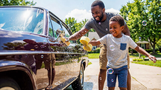 African american grandfather and grandson washing car family bonding outdoor activity background copy space transport maintenance black men lifestyle