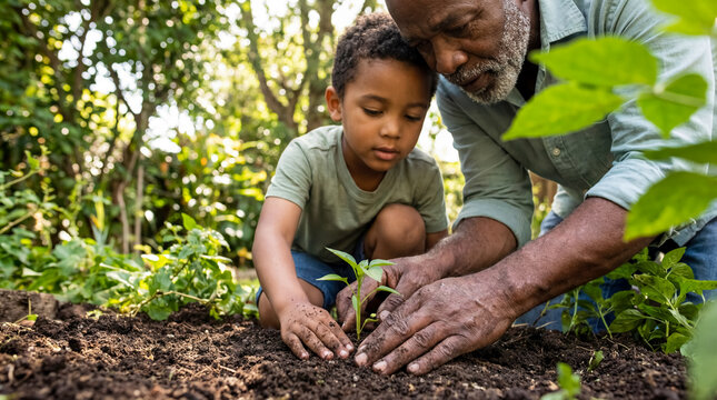 African american grandfather and grandson planting seedling in garden spring growth family connection support black men ecology sustainability copy space earth care