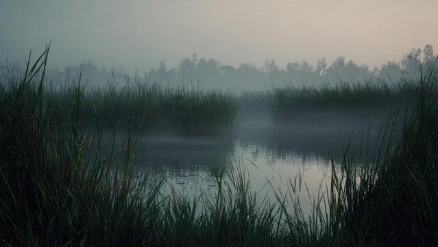 Misty Marsh Landscape at Dusk