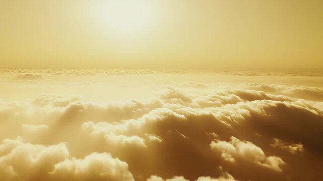 Sunlight breaks through a golden sky over a vast expanse of fluffy cumulus clouds, creating an ethereal, peaceful aerial cloudscape perfect for travel, dream and nature themes