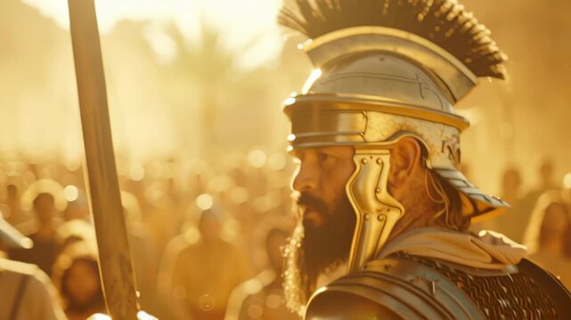 Roman centurion with gold helmet and sword among crowd, Christian Easter story, religious event, holy week concept