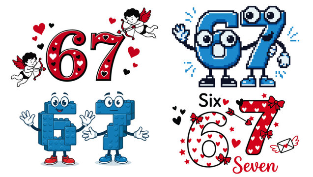 Cute 6 and 7 Number Characters Set &ndash; Love, Kids, Cartoon, Pixel & Valentine Style, number 6, number 7, six seven, 67, cute numbers, number characters, cartoon numbers, love numbers, couple numbers,