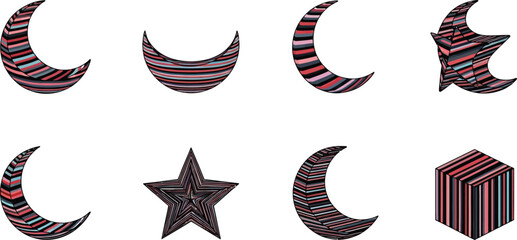 Obraz premium Set of eight striped crescent moons, stars, and cube in various orientations, transparent background