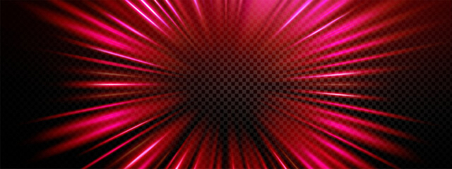 Naklejka premium Light effect speed with a red tunnel explosion and radial orange line, neon space motion through a dynamic 3d pink background for abstract futuristic design. Digital vector art of a dark road.