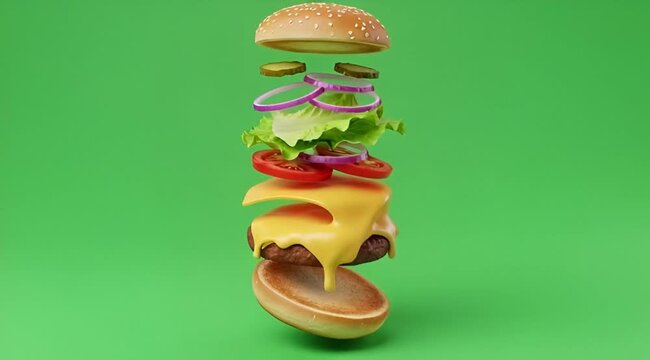 Exploded Burger Ingredients Floating Green Screen Background Cinematic Motion Stock Video
