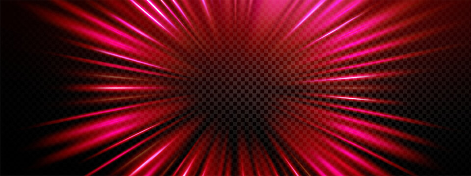 Light effect speed with a red tunnel explosion and radial orange line, neon space motion through a dynamic 3d pink background for abstract futuristic design. Digital vector art of a dark road.