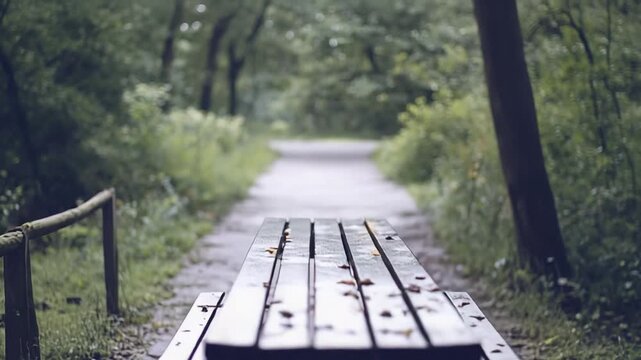 Empty wooden picnic table and bench sitting along a tranquil forest path, surrounded by lush green foliage and dappled light, evoking feelings of relaxation, solitude, and nature's calm
