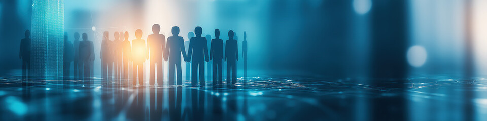 Silhouetted figures stand in glowing digital space suggesting connected communities.