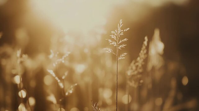 Single stem of golden grass standing tall in a field, gently catching warm sun light during a summer sunrise, creating a natural and soft bokeh background