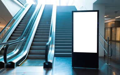 Fototapeta premium A prominent blank vertical digital billboard stands illuminated beside modern escalators and a flight of stairs within a spacious, contemporary indoor shopping mall or public building interior.