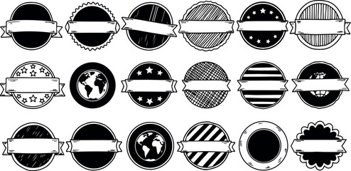 Black and white vintage badge collection with ribbons and globe icons in flat design style set for branding and labeling