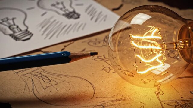 A glowing light bulb on a desk with a pencil and paper sketches around it, symbolizing creative ideas and inspiration