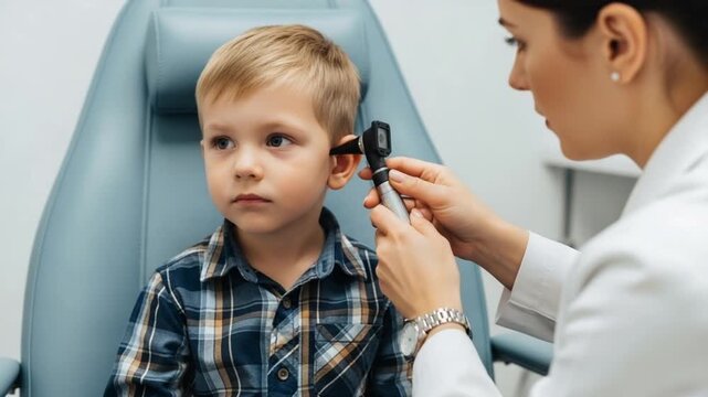 A young boy sitting in a medical chair while a doctor examines his ear with an otoscope in a clinical setting with a blue chair