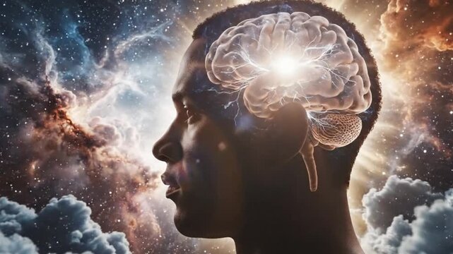 A human head with a glowing brain and a cosmic background, representing intelligence and mental clarity