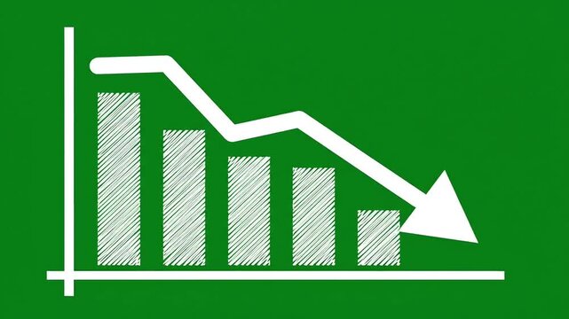 Hand-drawn chalk bar graph animation showing a significant business decline, economic downturn, or market crash on a green chalkboard background. 4k video