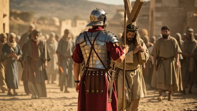 Man in roman armor overseeing Jesus carrying cross, passion friday, calvary, christianity, religious event, holy week