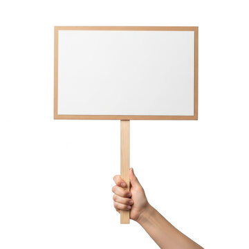 Hand holding blank protest sign isolated on transparent background