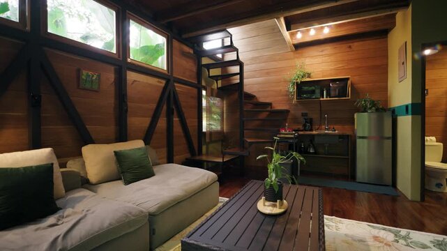 Warm interior of a rustic tiny house or eco lodge in costa rica. Comfortable living space with a modern kitchenette and wooden details