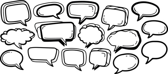 Obraz premium Hand drawn black and white doodle speech bubbles and conversation icons set in various shapes and sizes arranged in horizontal layout