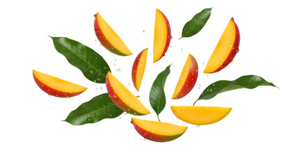 Fototapeta premium Dynamic Mango Explosion Floating Slices and Leaves, isolated on white or transparent background. PNG