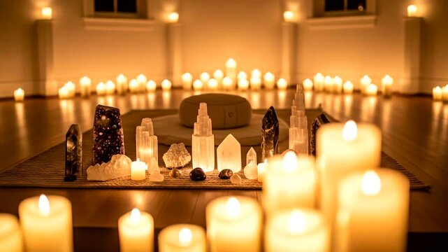 Candlelit Room with Crystals and Meditation Space.