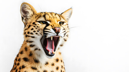 Fototapeta premium A wild serval cat opens its mouth and shows its teeth on a white background. Fierce spotted feline