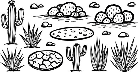 Naklejka premium Hand drawn black and white desert plants and rocks collection with cracked earth and cacti in dry landscape illustration