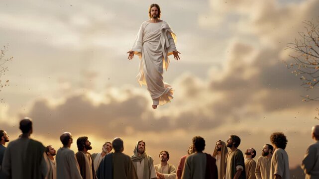 Jesus ascends to heaven in various poses with disciples witnessing, depicting the ascension as a religious event