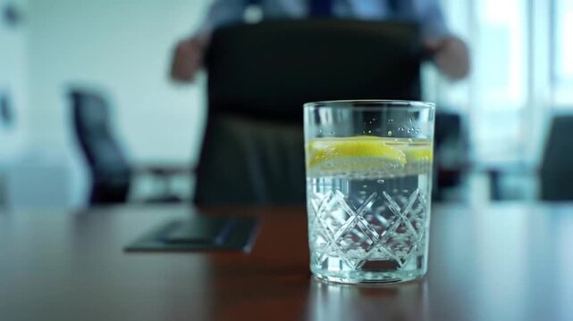 Refreshing glass of water with lemon on modern office desk