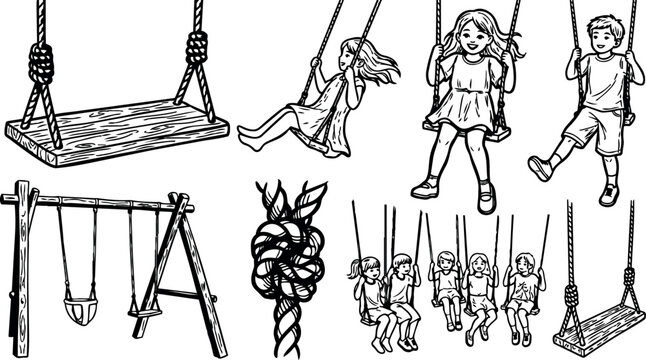 Black and white line art of children swinging on different swing sets in playful outdoor motion with knotted ropes close up details