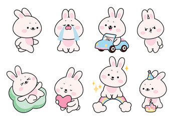Funny kawaii bunny. Cute bunnies driving car, sitting on rainbow, celebrating birthday with cake, hug heart. Adorable stickers template, kids mascots nowaday vector set