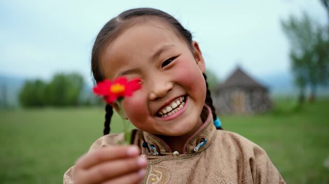 Mongolian girl with braided hair and traditional clothes smiling and showing a red flower to the camera in the countryside