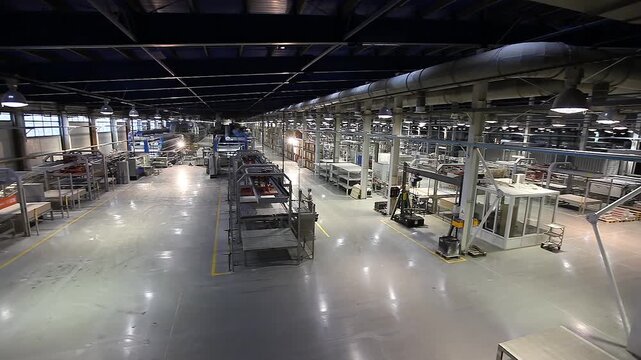 Ceramic tile manufacturing plant. Handling of fired products is done with automatic vehicles. Automatic laser guided vehicle LGV for handling, management and control.
