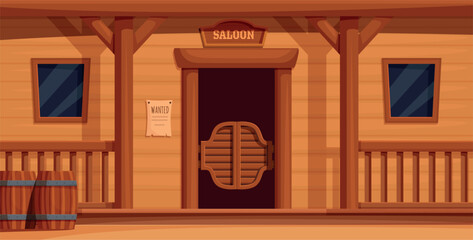 Saloon exterior. Western pub wooden door, entrance in wild west pub or bar. Wood building facade with barrels and criminal wanted poster, sapid vector street scene © MicroOne