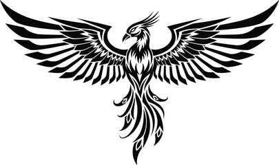 Obraz premium Phoenix bird silhouette illustration, mythical fire bird with spread wings, rebirth and power symbol, tribal tattoo style, black vector art