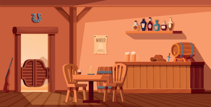 Saloon interior. Wild west pub, western bar with wooden furniture, rum bottles, west style doors. Cowboy sheriff hat on counter, gun and knife, sapid vector empty scene