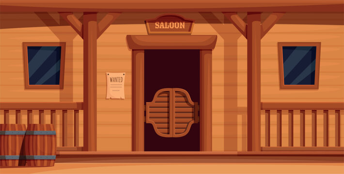 Saloon exterior. Western pub wooden door, entrance in wild west pub or bar. Wood building facade with barrels and criminal wanted poster, sapid vector street scene