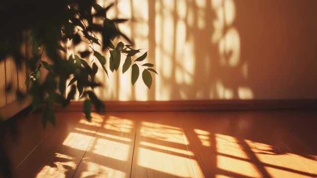 Warm morning sunlight streaming indoors casting intricate shadows of window frames and green plant leaves onto a wooden floor and creamy wall, creating a peaceful domestic atmosphere