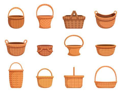 Cartoon wicker basket. Isolated empty baskets for picnic food, easter gift, household, interior decoration. Rural eco containers, accessories, sapid vector clipart