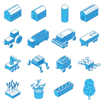 Agriculture isometric line icons. Farm machine, different modern and traditional harvest watering techniques. Barn house, grain storage tower, nifty vector set