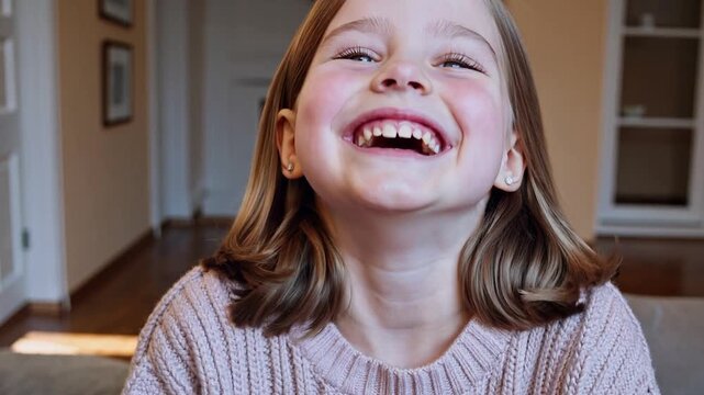 Happy little girl with blue eyes laughing and smiling at the camera showing genuine childhood joy and pure emotion