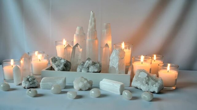 Candles and Stones in Serene Arrangement.