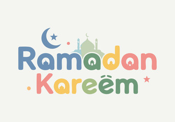 Ramadan Kareem greeting with a crescent moon, mosque, and stars, celebrating the holy month