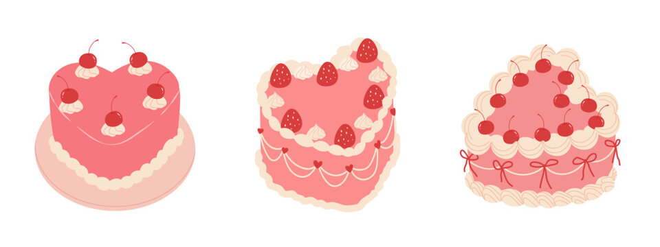 Vintage cakes decorated with coquette bows, cream, cherry strawberry. Cute faminine heart shaped cake for Valentine's Day, wedding, birthday, love or girly design. Vector illustration.