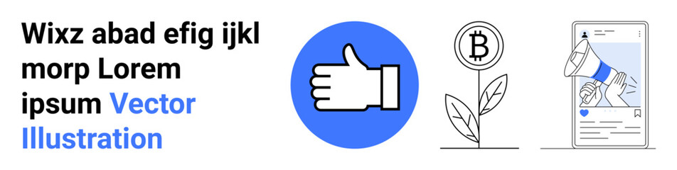 Obraz premium Cryptocurrency, blockchain, digital marketing, online growth, social media, communication. Design features Bitcoin plant, thumbs-up symbol and a digital promotion icon. Cryptocurrency and digital