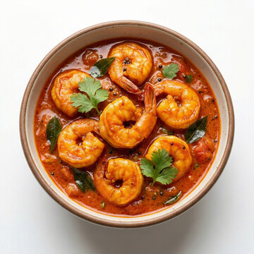 Top Down View of Spicy Shrimp Curry with Curry Leaves