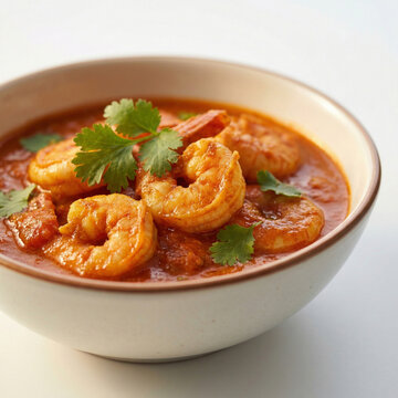 Side View of Indian Prawn Curry in White Bowl