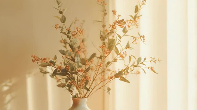 White ceramic vase with green and orange dried branches on a wooden table, warm morning sunlight casting soft patterned shadows on a beige wall for a calm, minimalist interior scene