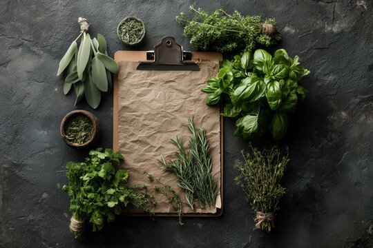 Frische K&uuml;chenkr&auml;uter  - Flat Lay mit Klemmbrett auf dunklem Steinuntergrund
